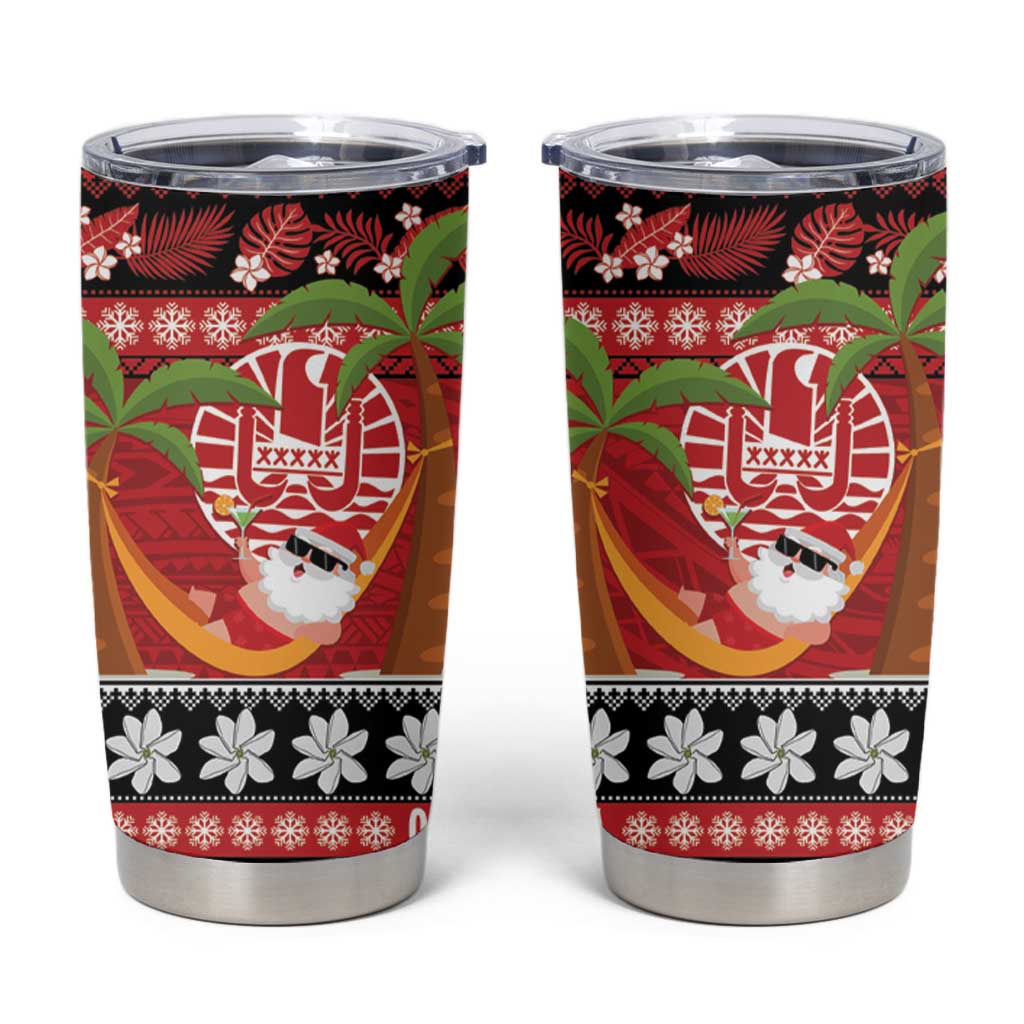 French Polynesia Christmas Tumbler Cup Tiare Chilling Santa Oaoa I teie Noera - Polynesian Pride