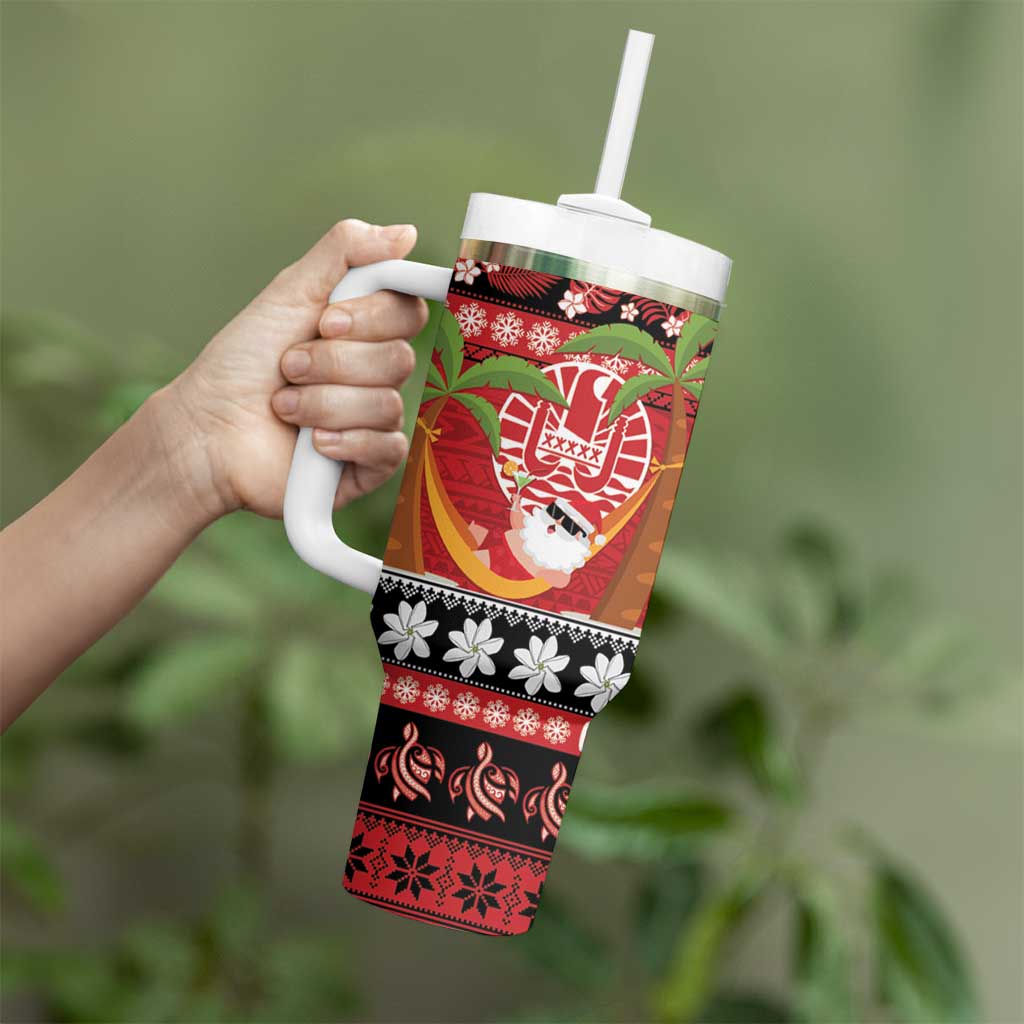 French Polynesia Christmas Tumbler With Handle Tiare Chilling Santa Oaoa I teie Noera - Polynesian Pride