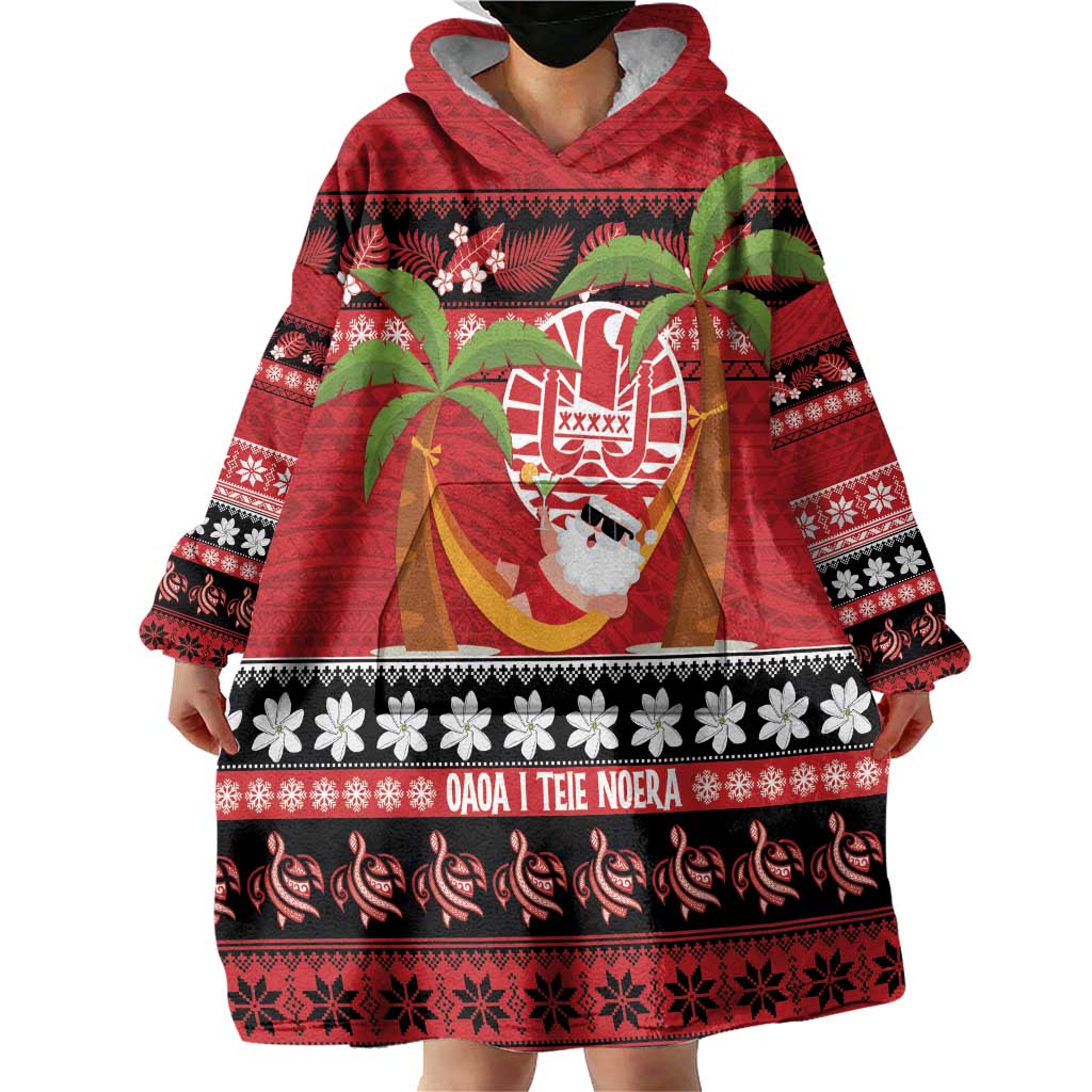 French Polynesia Christmas Wearable Blanket Hoodie Tiare Chilling Santa Oaoa I teie Noera LT14 - Polynesian Pride