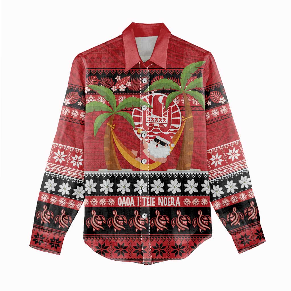 French Polynesia Christmas Women Casual Shirt Tiare Chilling Santa Oaoa I teie Noera LT14 - Polynesian Pride