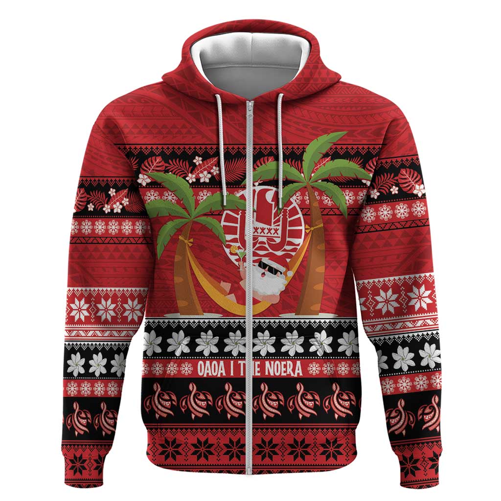 French Polynesia Christmas Zip Hoodie Tiare Chilling Santa Oaoa I teie Noera - Polynesian Pride