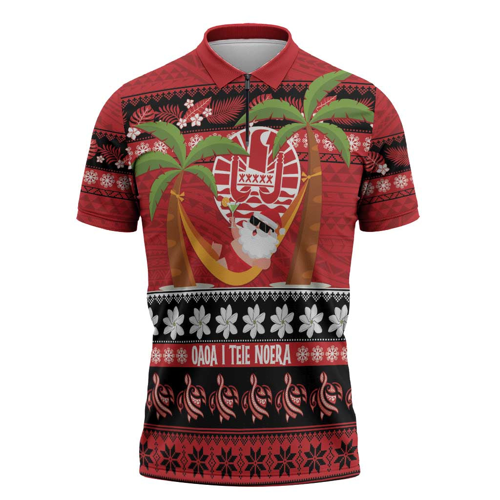 French Polynesia Christmas Zipper Polo Shirt Tiare Chilling Santa Oaoa I teie Noera LT14 Red - Polynesian Pride