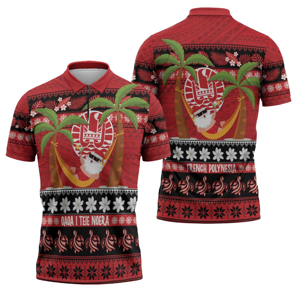 French Polynesia Christmas Zipper Polo Shirt Tiare Chilling Santa Oaoa I teie Noera LT14 - Polynesian Pride