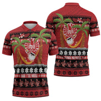 French Polynesia Christmas Zipper Polo Shirt Tiare Chilling Santa Oaoa I teie Noera LT14 - Polynesian Pride