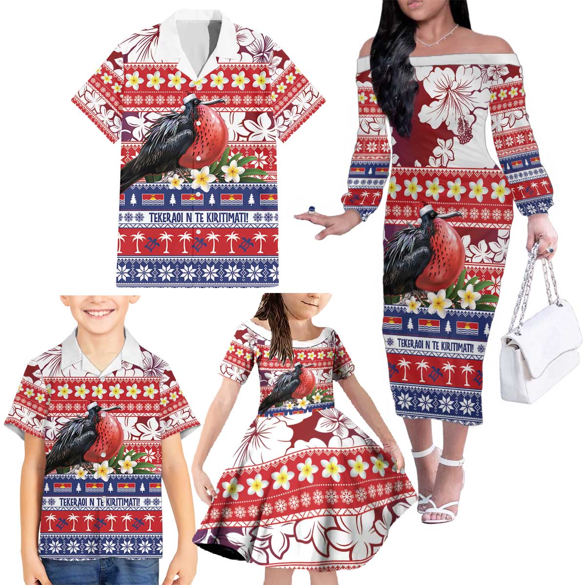 Kiribati Christmas Family Matching Off The Shoulder Long Sleeve Dress and Hawaiian Shirt Frigatebird Santa Tekeraoi n te Kiritimati - Polynesian Pride
