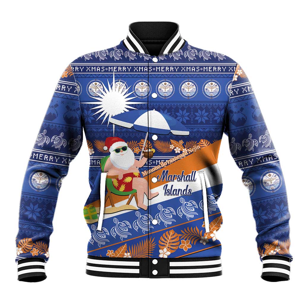 Marshall Islands Christmas Baseball Jacket Beachy Santa Monono ilo raaneoan Nejin LT14 Unisex Blue - Polynesian Pride