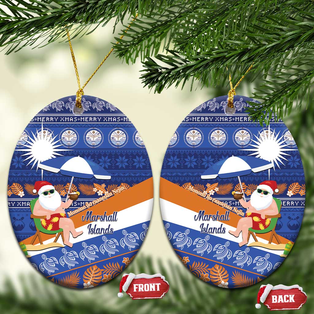 Marshall Islands Christmas Ceramic Ornament Beachy Santa Monono ilo raaneoan Nejin LT14 Oval Blue - Polynesian Pride