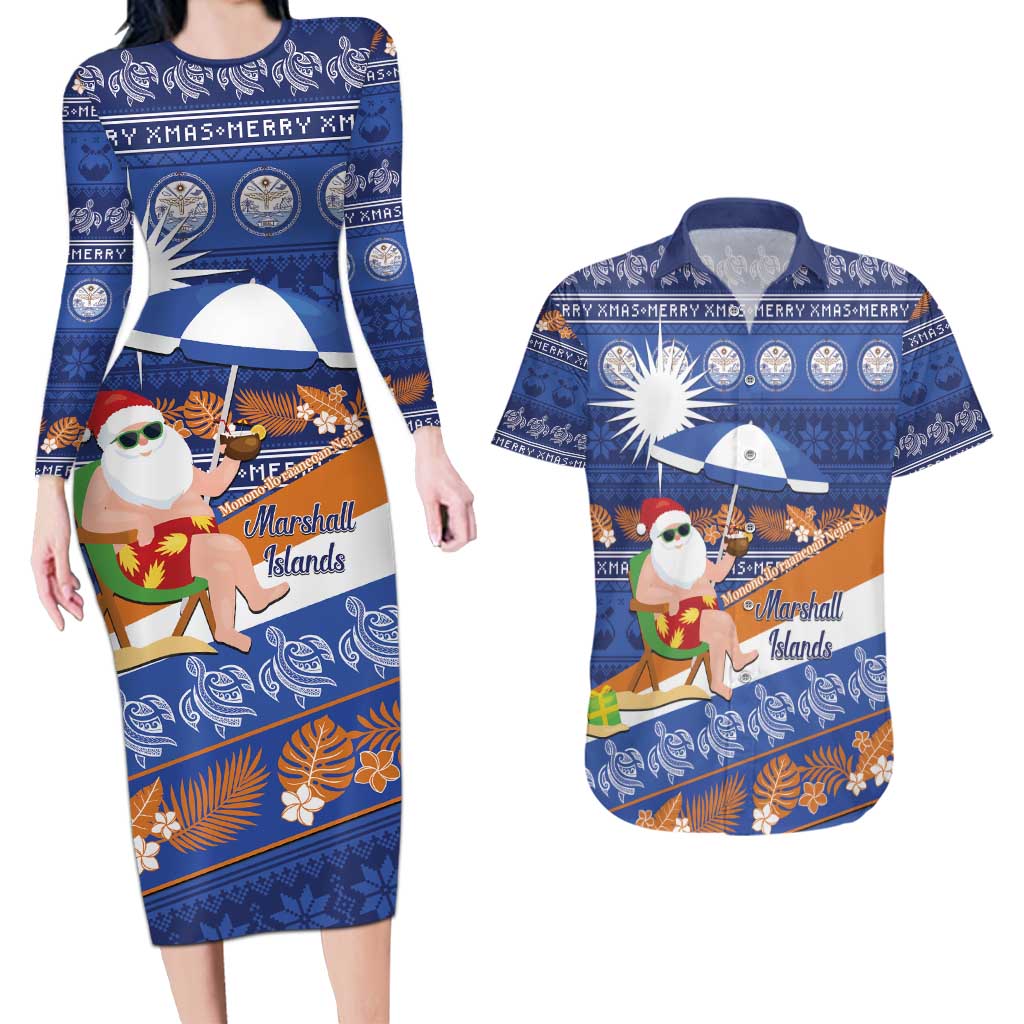 Marshall Islands Christmas Couples Matching Long Sleeve Bodycon Dress and Hawaiian Shirt Beachy Santa Monono ilo raaneoan Nejin - Polynesian Pride