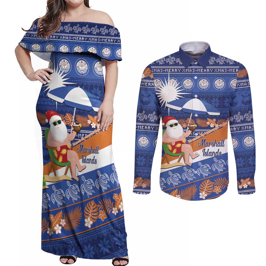 Marshall Islands Christmas Couples Matching Off Shoulder Maxi Dress and Long Sleeve Button Shirt Beachy Santa Monono ilo raaneoan Nejin LT14 Blue - Polynesian Pride