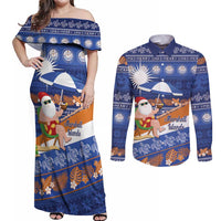 Marshall Islands Christmas Couples Matching Off Shoulder Maxi Dress and Long Sleeve Button Shirt Beachy Santa Monono ilo raaneoan Nejin LT14 Blue - Polynesian Pride