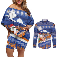 Marshall Islands Christmas Couples Matching Off Shoulder Short Dress and Long Sleeve Button Shirt Beachy Santa Monono ilo raaneoan Nejin LT14 Blue - Polynesian Pride