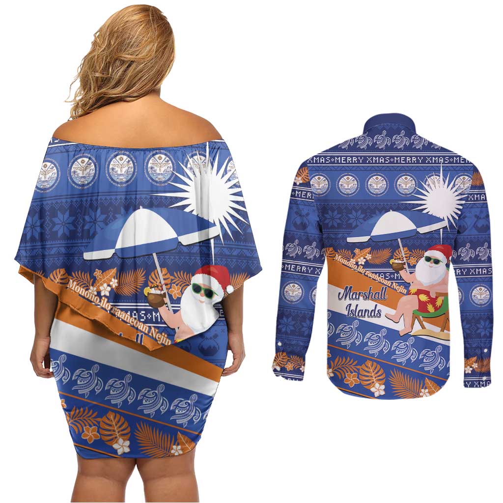 Marshall Islands Christmas Couples Matching Off Shoulder Short Dress and Long Sleeve Button Shirt Beachy Santa Monono ilo raaneoan Nejin LT14 - Polynesian Pride