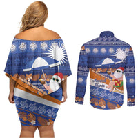 Marshall Islands Christmas Couples Matching Off Shoulder Short Dress and Long Sleeve Button Shirt Beachy Santa Monono ilo raaneoan Nejin LT14 - Polynesian Pride