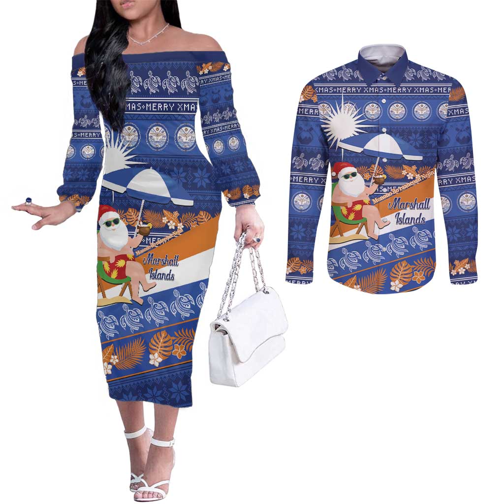 Marshall Islands Christmas Couples Matching Off The Shoulder Long Sleeve Dress and Long Sleeve Button Shirt Beachy Santa Monono ilo raaneoan Nejin LT14 Blue - Polynesian Pride