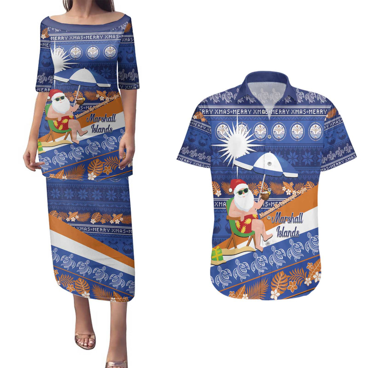 Marshall Islands Christmas Couples Matching Puletasi and Hawaiian Shirt Beachy Santa Monono ilo raaneoan Nejin LT14 Blue - Polynesian Pride