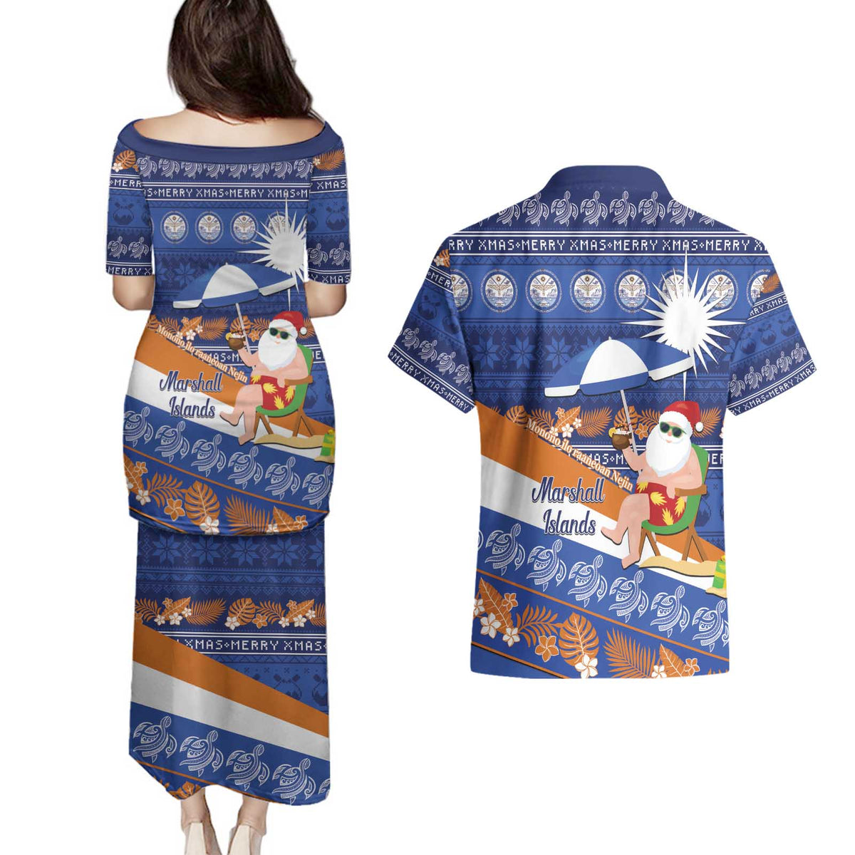 Marshall Islands Christmas Couples Matching Puletasi and Hawaiian Shirt Beachy Santa Monono ilo raaneoan Nejin LT14 - Polynesian Pride