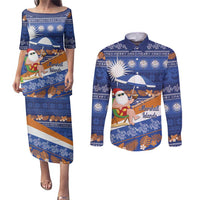 Marshall Islands Christmas Couples Matching Puletasi and Long Sleeve Button Shirt Beachy Santa Monono ilo raaneoan Nejin LT14 Blue - Polynesian Pride