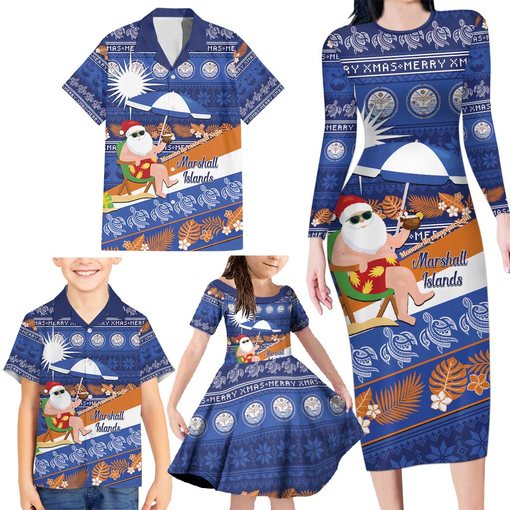 Marshall Islands Christmas Family Matching Long Sleeve Bodycon Dress and Hawaiian Shirt Beachy Santa Monono ilo raaneoan Nejin - Polynesian Pride