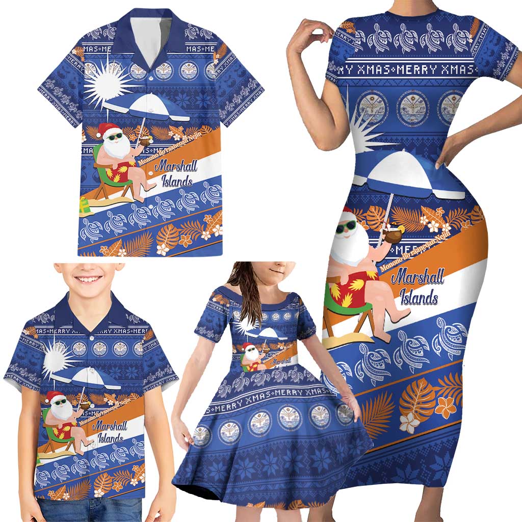 Marshall Islands Christmas Family Matching Short Sleeve Bodycon Dress and Hawaiian Shirt Beachy Santa Monono ilo raaneoan Nejin - Polynesian Pride