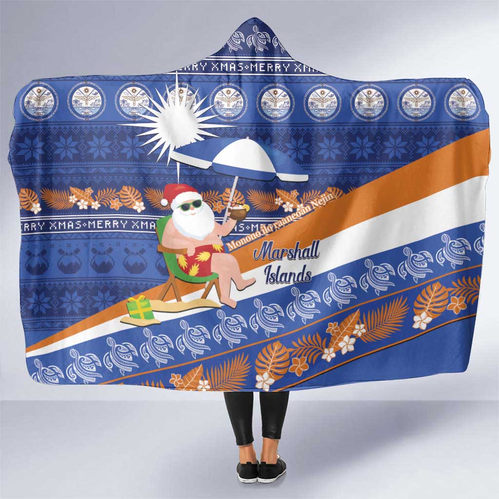 Marshall Islands Christmas Hooded Blanket Beachy Santa Monono ilo raaneoan Nejin LT14 One Size Blue - Polynesian Pride