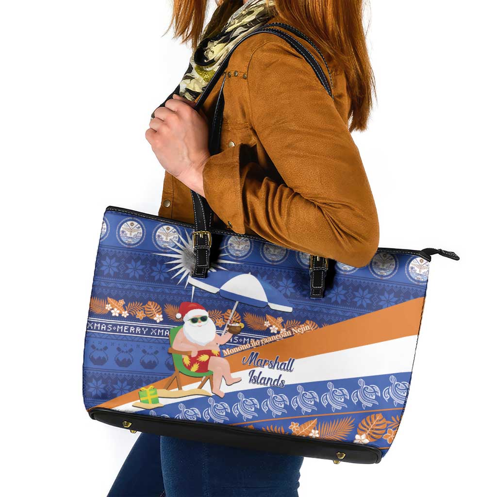 Marshall Islands Christmas Leather Tote Bag Beachy Santa Monono ilo raaneoan Nejin LT14 Blue - Polynesian Pride