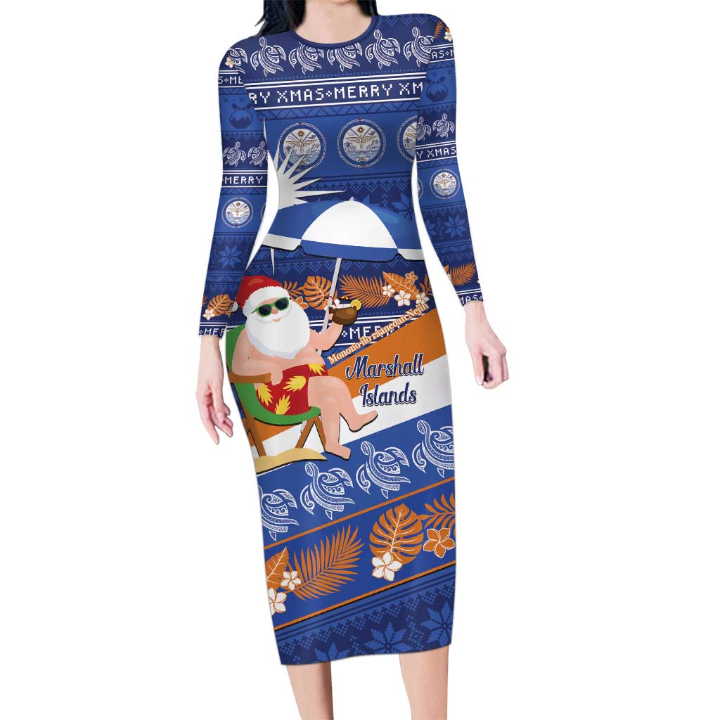 Marshall Islands Christmas Long Sleeve Bodycon Dress Beachy Santa Monono ilo raaneoan Nejin LT14 Long Dress Blue - Polynesian Pride