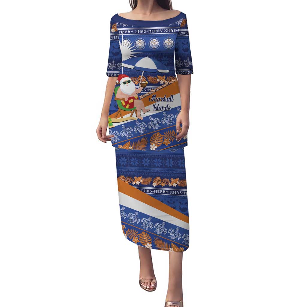 Marshall Islands Christmas Puletasi Beachy Santa Monono ilo raaneoan Nejin LT14 Long Dress Blue - Polynesian Pride