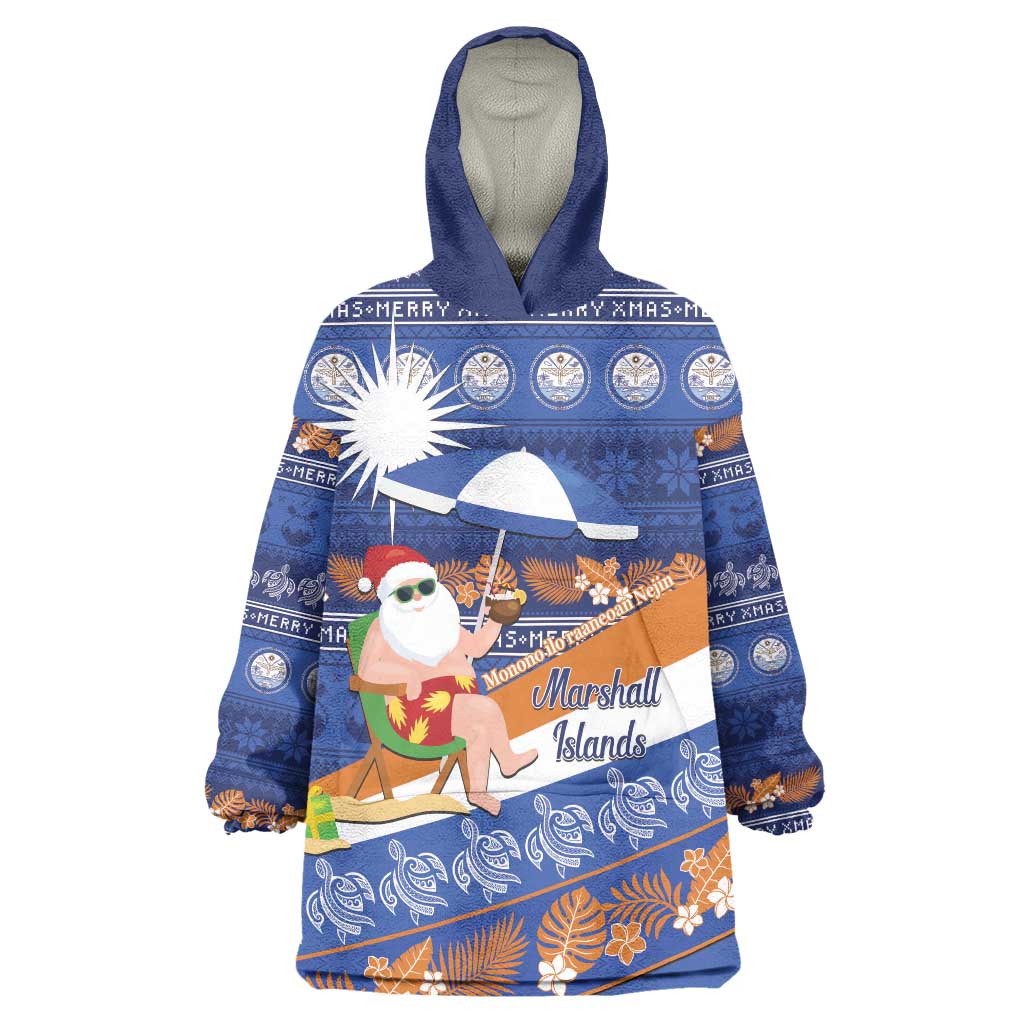 Marshall Islands Christmas Wearable Blanket Hoodie Beachy Santa Monono ilo raaneoan Nejin LT14 One Size Blue - Polynesian Pride