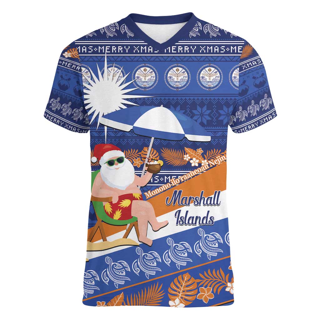 Marshall Islands Christmas Women V-Neck T-Shirt Beachy Santa Monono ilo raaneoan Nejin LT14 Female Blue - Polynesian Pride