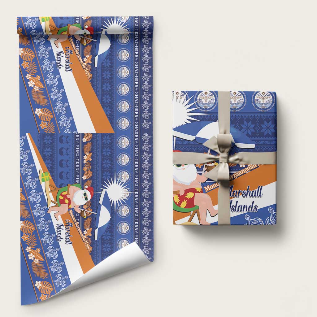 Marshall Islands Christmas Wrapping Paper Beachy Santa Monono ilo raaneoan Nejin LT14 58" × 23" Blue - Polynesian Pride