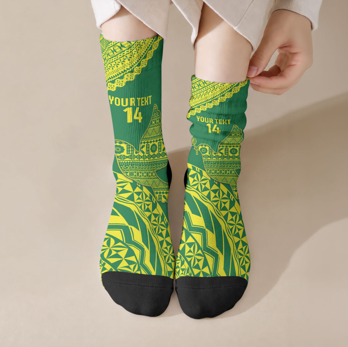 Tailevu Fiji 2026 Rugby Custom Crew Socks Dove Nation Fijian Tapa Pattern LT14 Crew Socks Green - Polynesian Pride