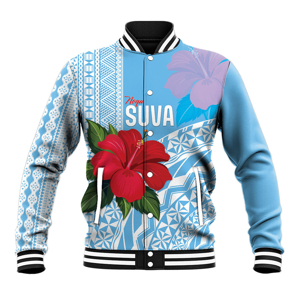 Suva Fiji 2026 Rugby Custom Baseball Jacket Hibiscus Fijian Tapa Pattern