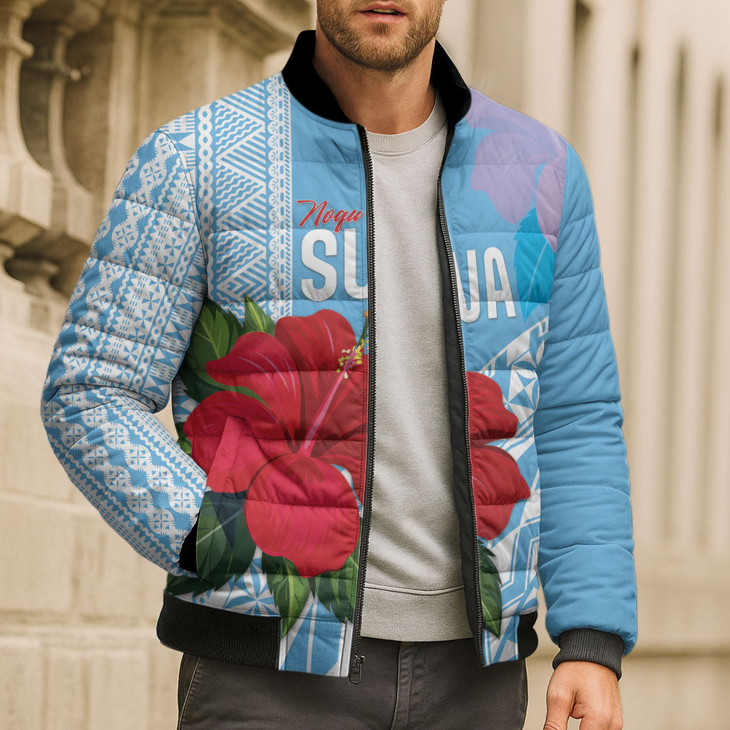 Suva Fiji 2026 Rugby Custom Bomber Puffer Jacket Hibiscus Fijian Tapa Pattern LT14 - Polynesian Pride