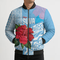 Suva Fiji 2026 Rugby Custom Bomber Puffer Jacket Hibiscus Fijian Tapa Pattern LT14 - Polynesian Pride