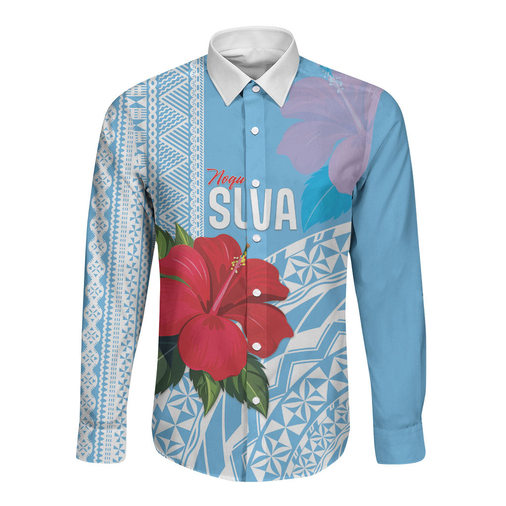 Suva Fiji 2026 Rugby Custom Long Sleeve Button Shirt Hibiscus Fijian Tapa Pattern LT14 Unisex Blue - Polynesian Pride