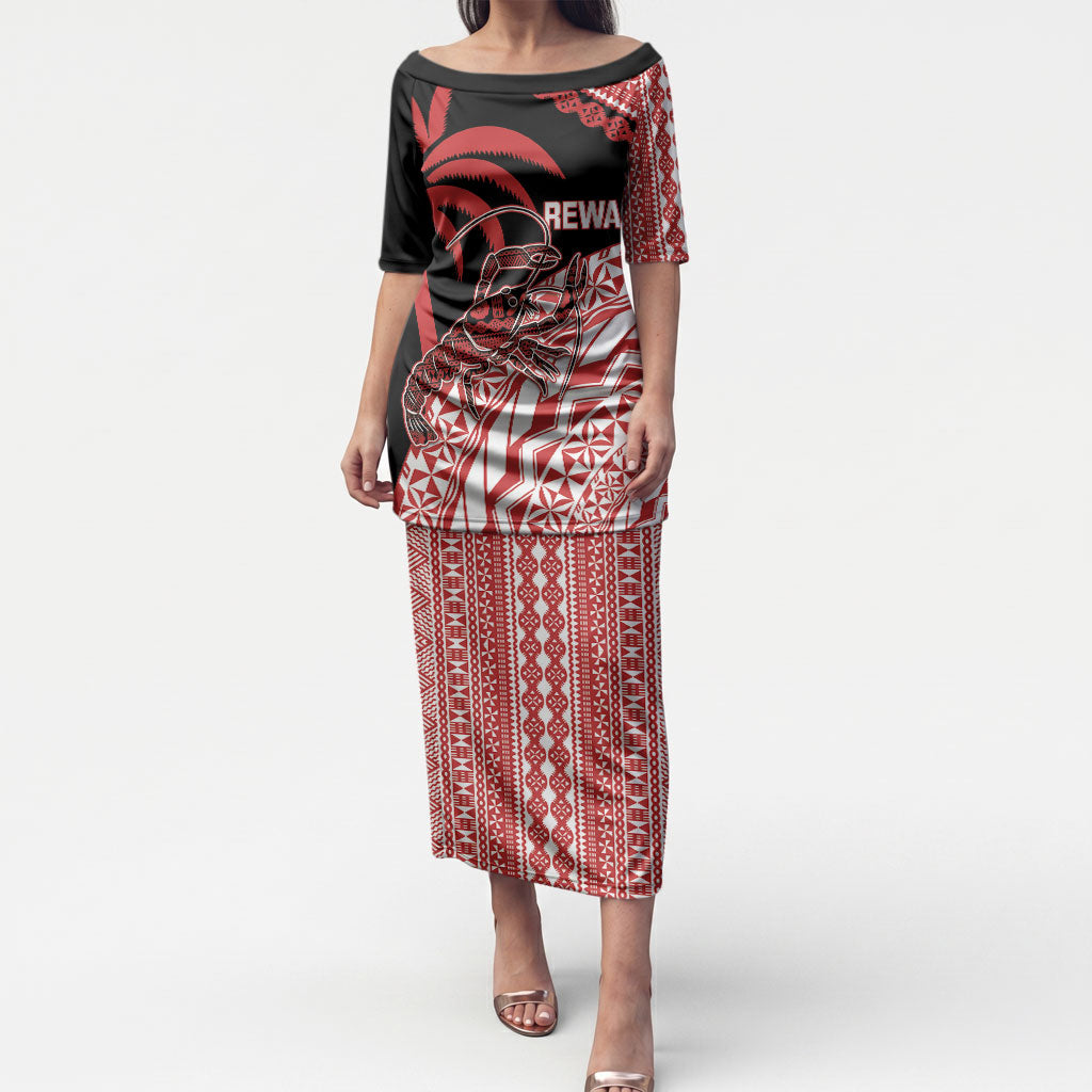 Rewa Fiji 2026 Rugby Custom Puletasi Ura Prawn Fijian Tapa Pattern LT14 Long Dress Red - Polynesian Pride