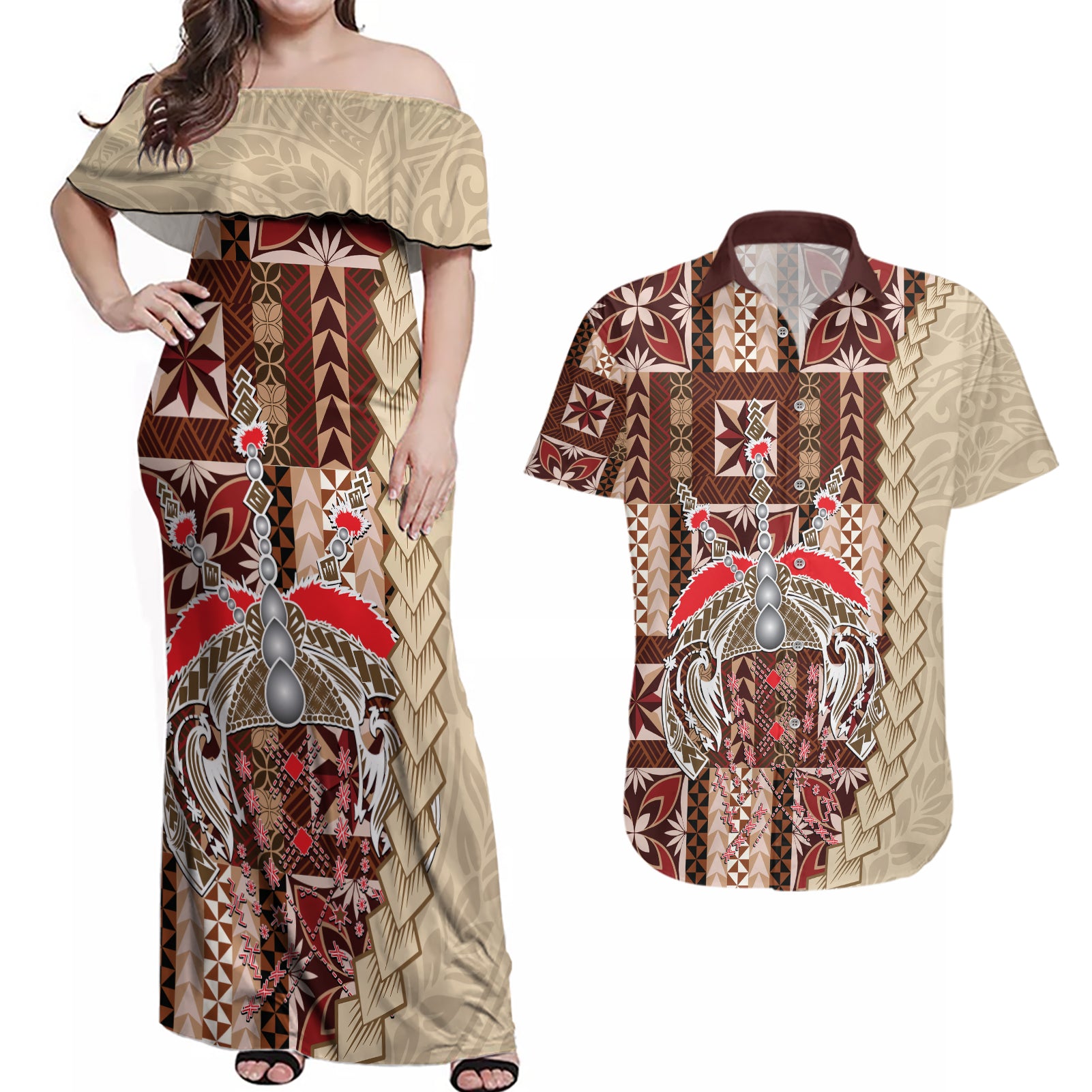 Samoa Tapau Couples Matching Off Shoulder Maxi Dress and Hawaiian Shirt Samoan Siapo Pattern LT14 Brown - Polynesian Pride