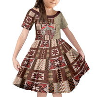 Samoa Tapau Family Matching Off Shoulder Long Sleeve Dress and Hawaiian Shirt Samoan Siapo Pattern LT14 Daughter's Dress Brown - Polynesian Pride