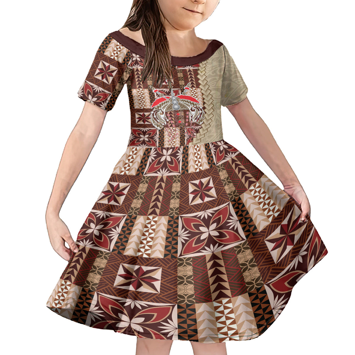 Samoa Tapau Family Matching Puletasi Dress and Hawaiian Shirt Samoan Siapo Pattern LT14 Daughter's Dress Brown - Polynesian Pride