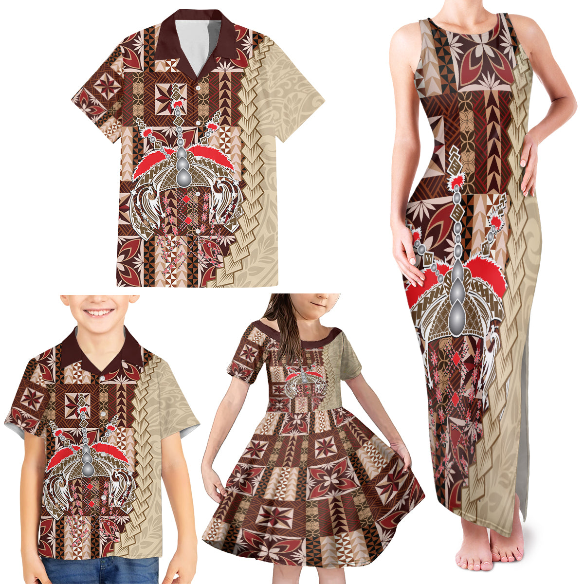 Samoa Tapau Family Matching Tank Maxi Dress and Hawaiian Shirt Samoan Siapo Pattern LT14 - Polynesian Pride