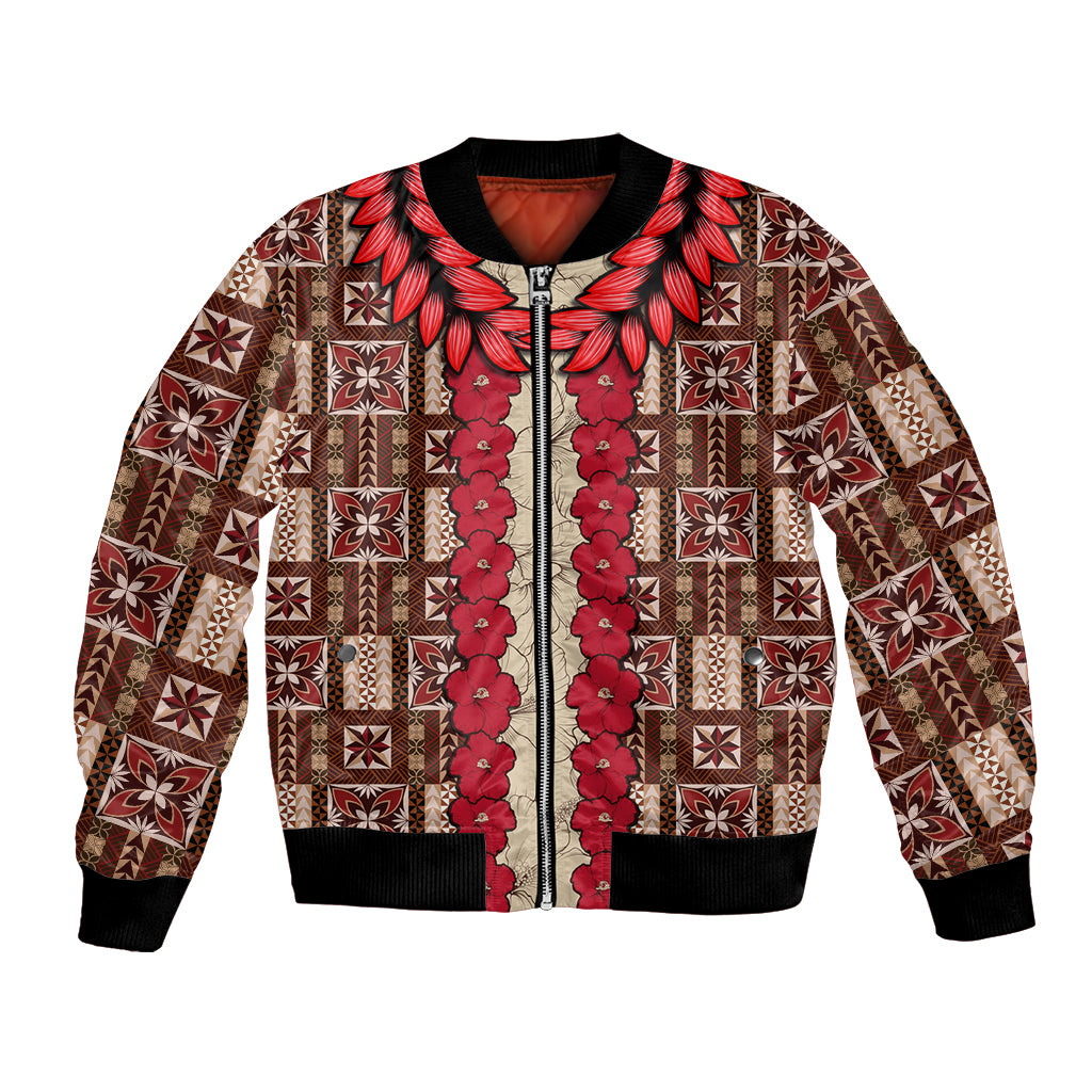 Samoa Siapo Bomber Jacket Tapa Pattern Mix Ula Fala Hibiscus LT14 Unisex Brown - Polynesian Pride