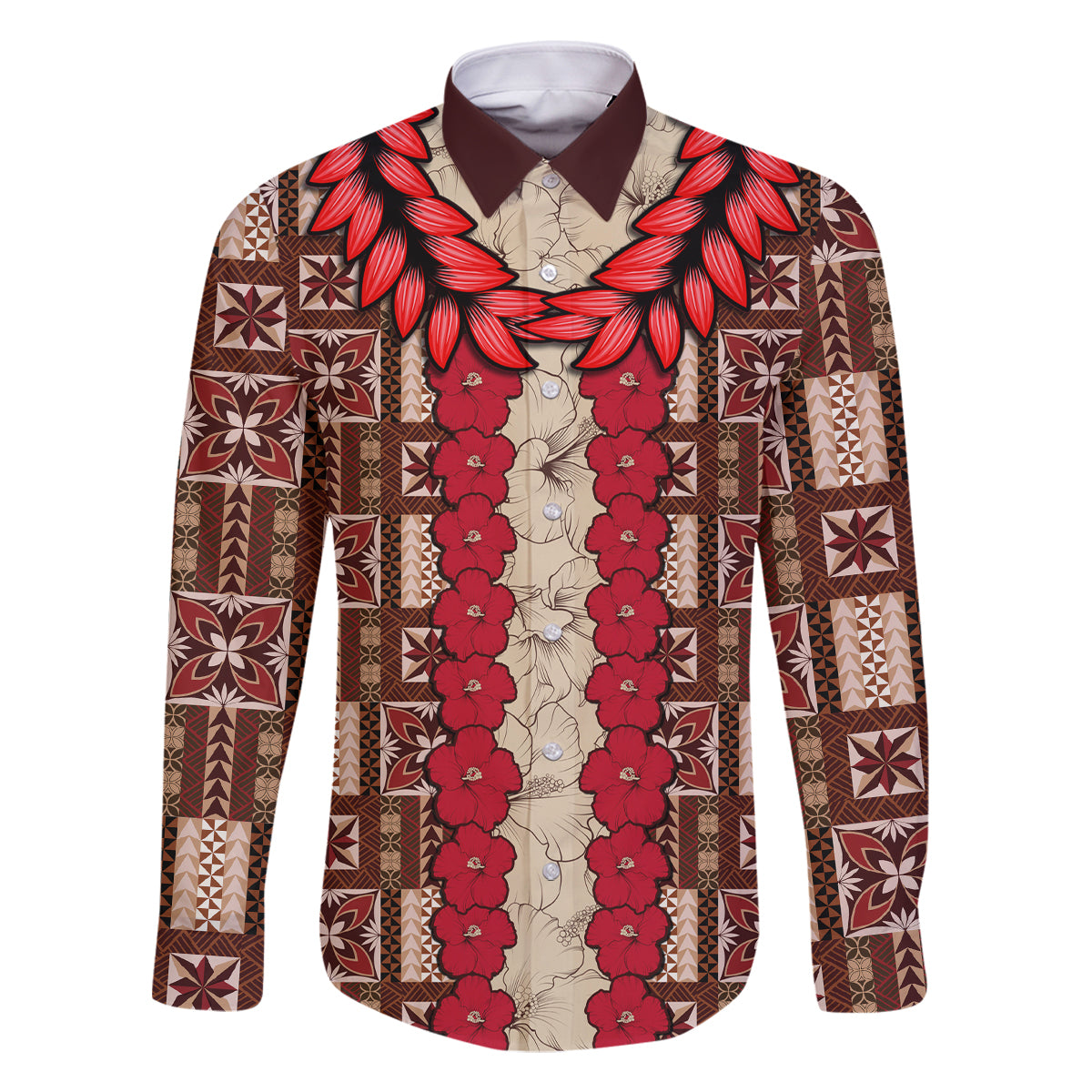 Samoa Siapo Family Matching Off Shoulder Long Sleeve Dress and Hawaiian Shirt Tapa Pattern Mix Ula Fala Hibiscus LT14 Dad's Shirt - Long Sleeve Brown - Polynesian Pride
