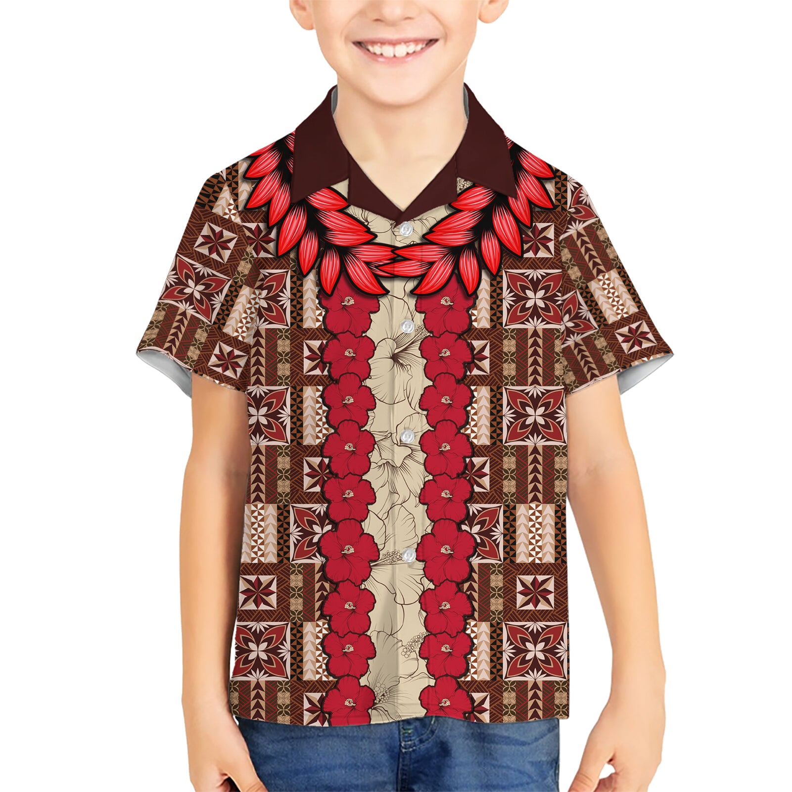 Samoa Siapo Kid Hawaiian Shirt Tapa Pattern Mix Ula Fala Hibiscus LT14 Kid Brown - Polynesian Pride