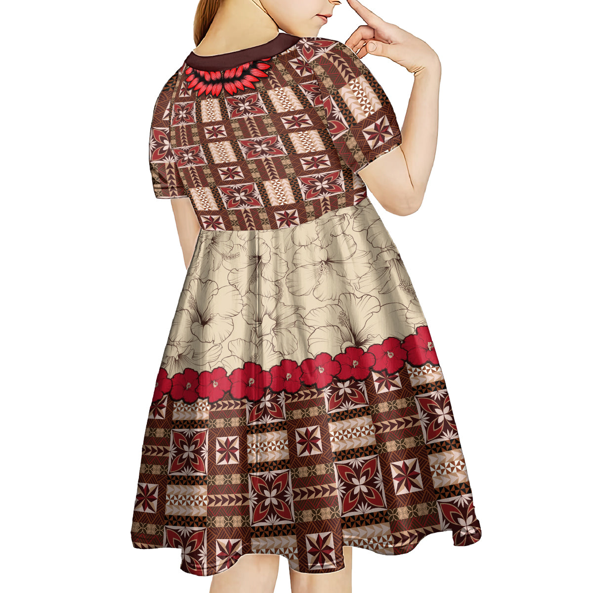 Samoa Siapo Kid Short Sleeve Dress Tapa Pattern Mix Ula Fala Hibiscus LT14 - Polynesian Pride