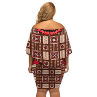 Samoa Siapo Off Shoulder Short Dress Tapa Pattern Mix Ula Fala Hibiscus LT14 - Polynesian Pride