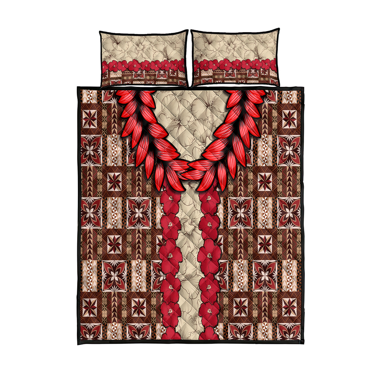 Samoa Siapo Quilt Bed Set Tapa Pattern Mix Ula Fala Hibiscus LT14 Brown - Polynesian Pride