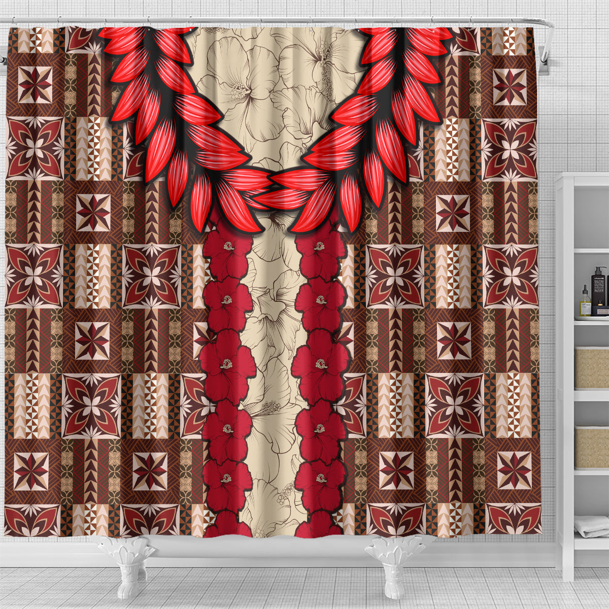 Samoa Siapo Shower Curtain Tapa Pattern Mix Ula Fala Hibiscus LT14 - Polynesian Pride