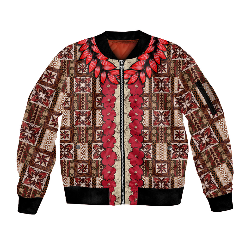 Samoa Siapo Sleeve Zip Bomber Jacket Tapa Pattern Mix Ula Fala Hibiscus LT14 Unisex Brown - Polynesian Pride
