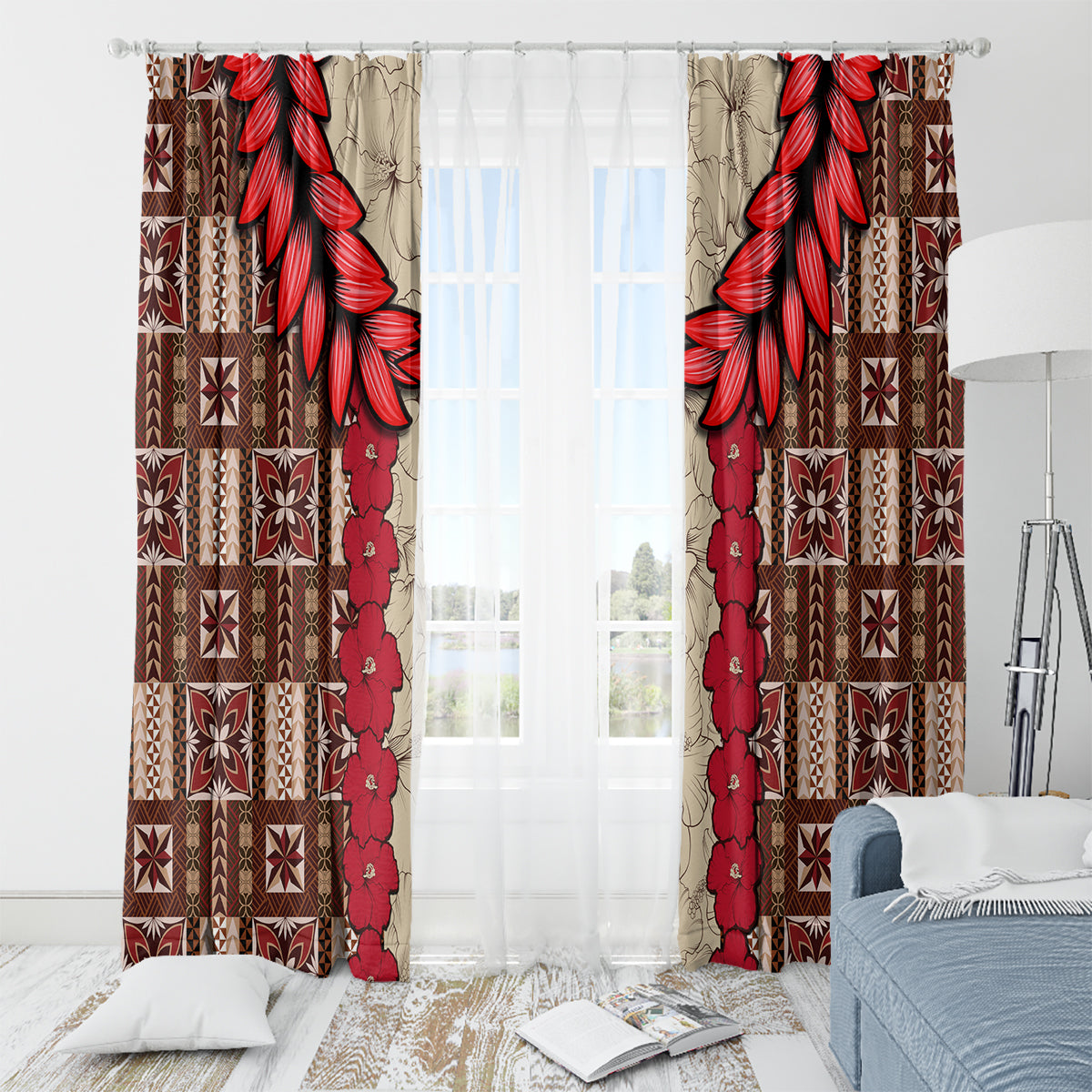 Samoa Siapo Window Curtain Tapa Pattern Mix Ula Fala Hibiscus LT14 - Polynesian Pride