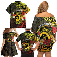 Vanuatu Christmas Family Matching Off Shoulder Short Dress and Hawaiian Shirt Vanuatuan Pig Tusk - Meri Krismas! LT14 - Polynesian Pride